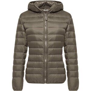 Women's Light Coffee Short Down Hooded Puffer Jacket Coat Fabric Packable Ultra